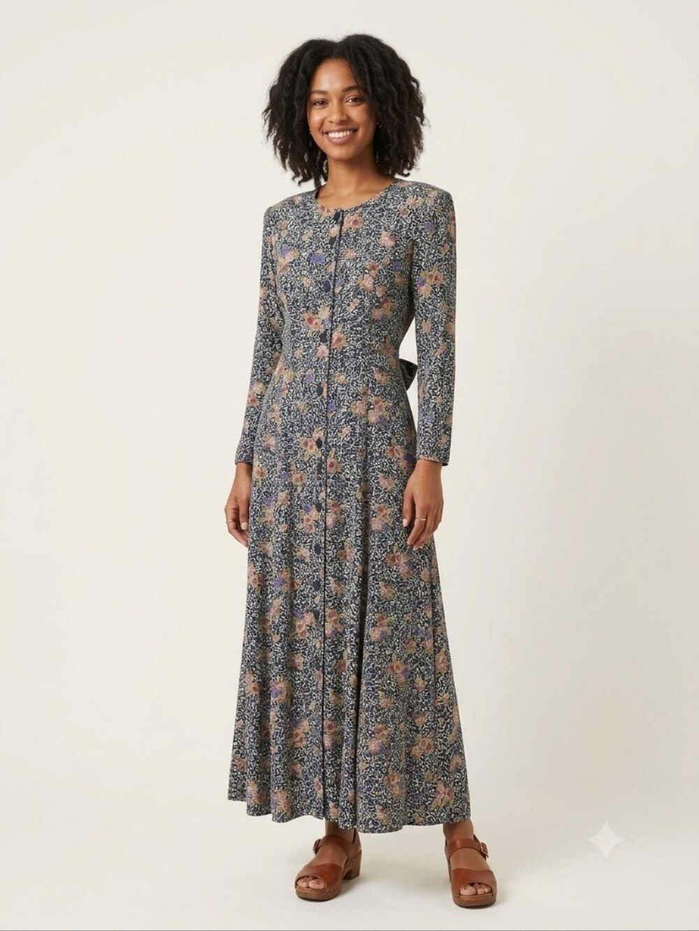 Vintage HER Made in Canada Floral Rayon Maxi Dress Button Front Tie Back M/L
